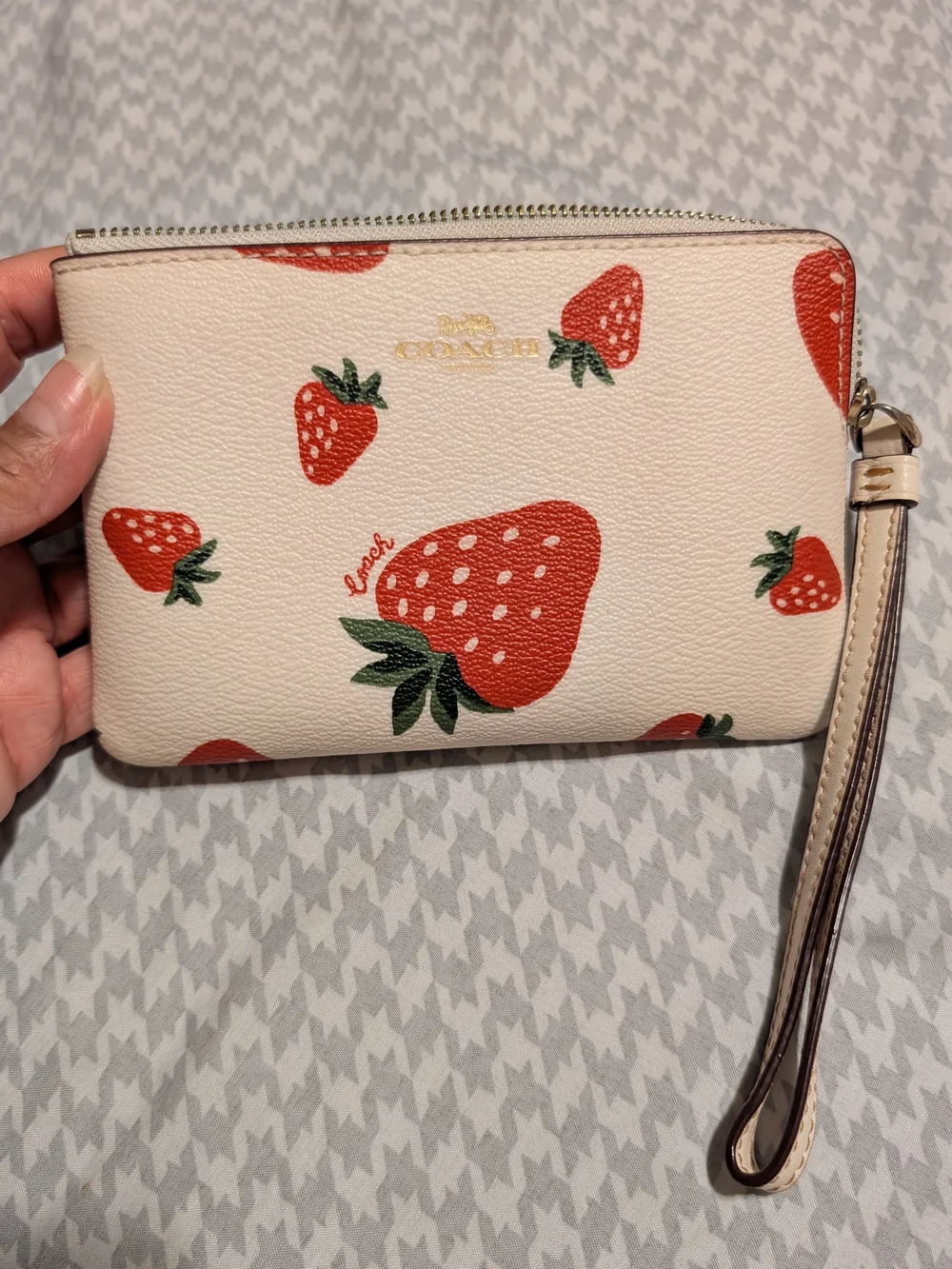 Coach Strawberry Print Wristlet Pouch in Cream and Red